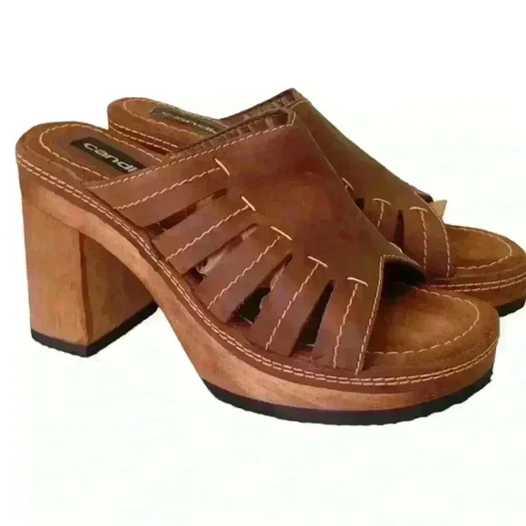 Candie’s Brown Leather and Slip On Open Toe Wood Chunky Y2K Platform Heel Sandal - Picture 2 of 11